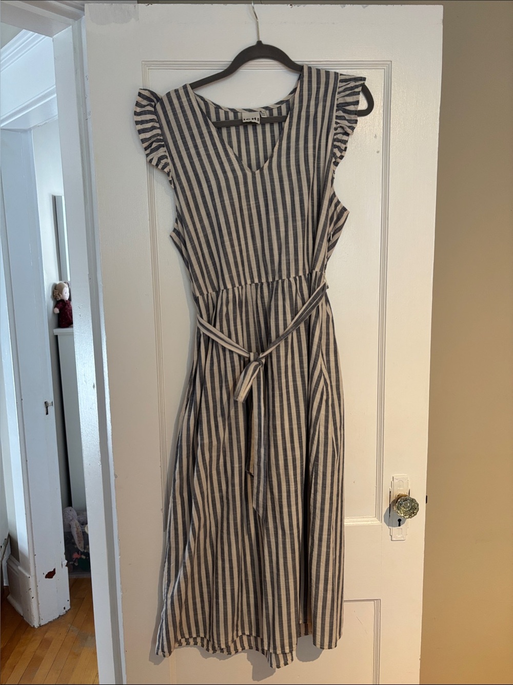 ICHI Navy and White Striped Maxi Dress with Tie Waist - Picture 3 of 3